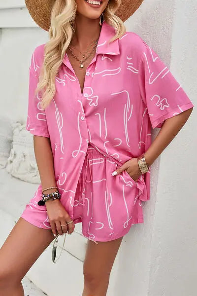 Printed Button Up Shirt and Shorts Set Trendsi