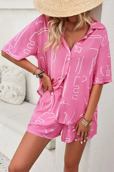 Printed Button Up Shirt and Shorts Set Trendsi