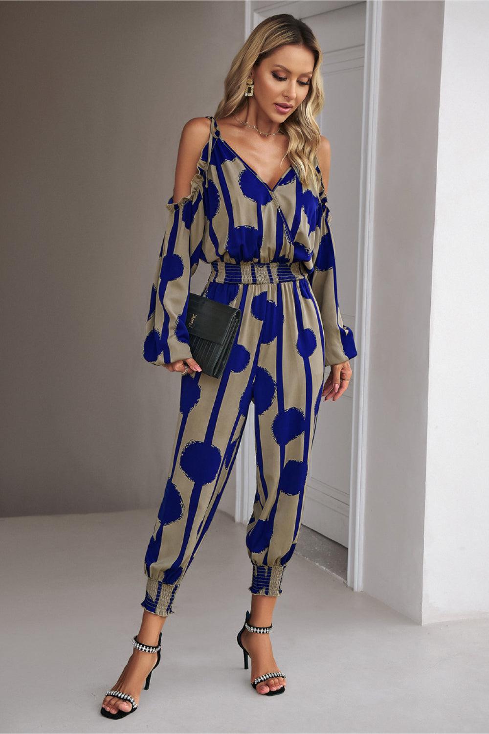 Printed Cold-Shoulder Surplice Neck Jumpsuit BLUE ZONE PLANET