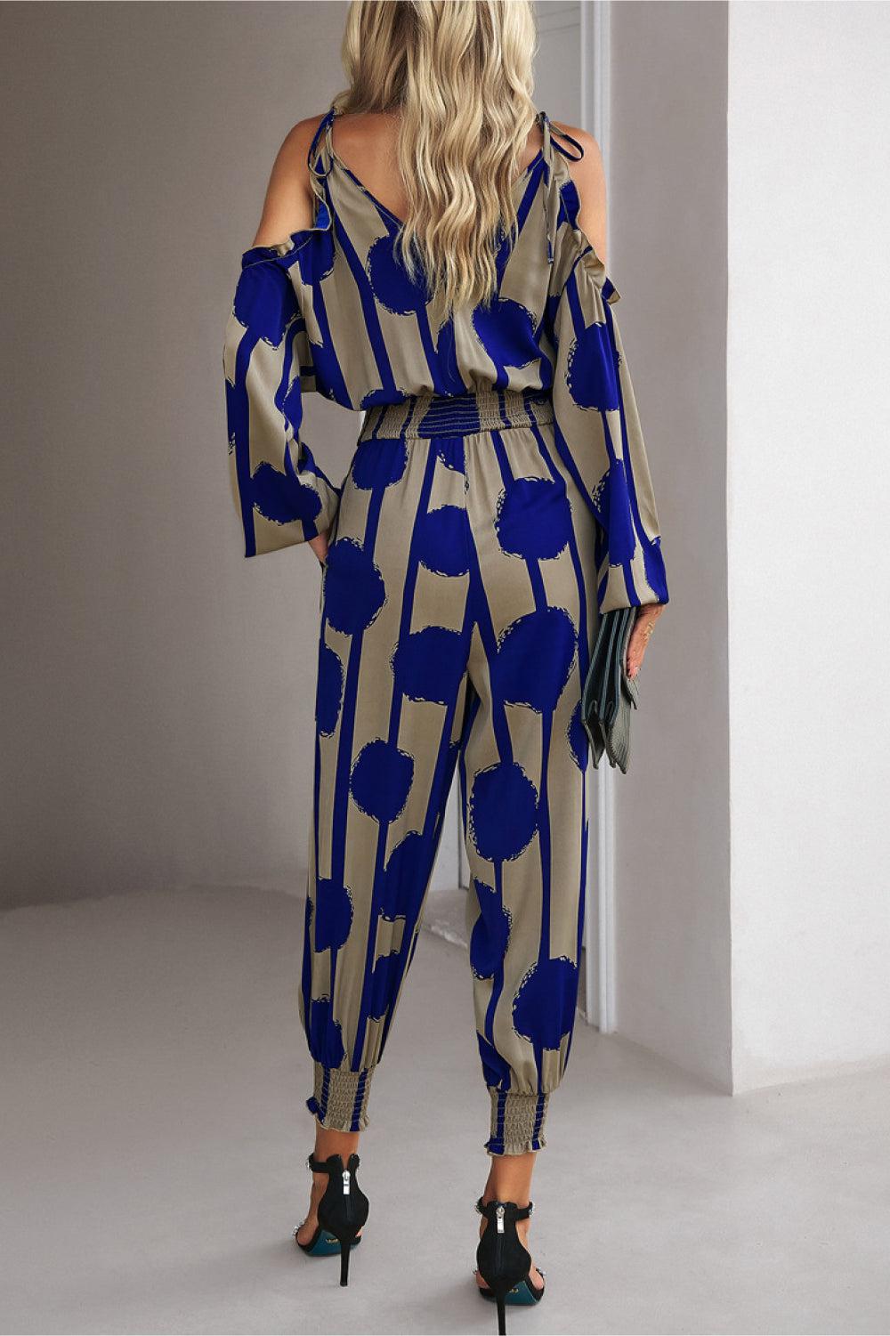 Printed Cold-Shoulder Surplice Neck Jumpsuit BLUE ZONE PLANET