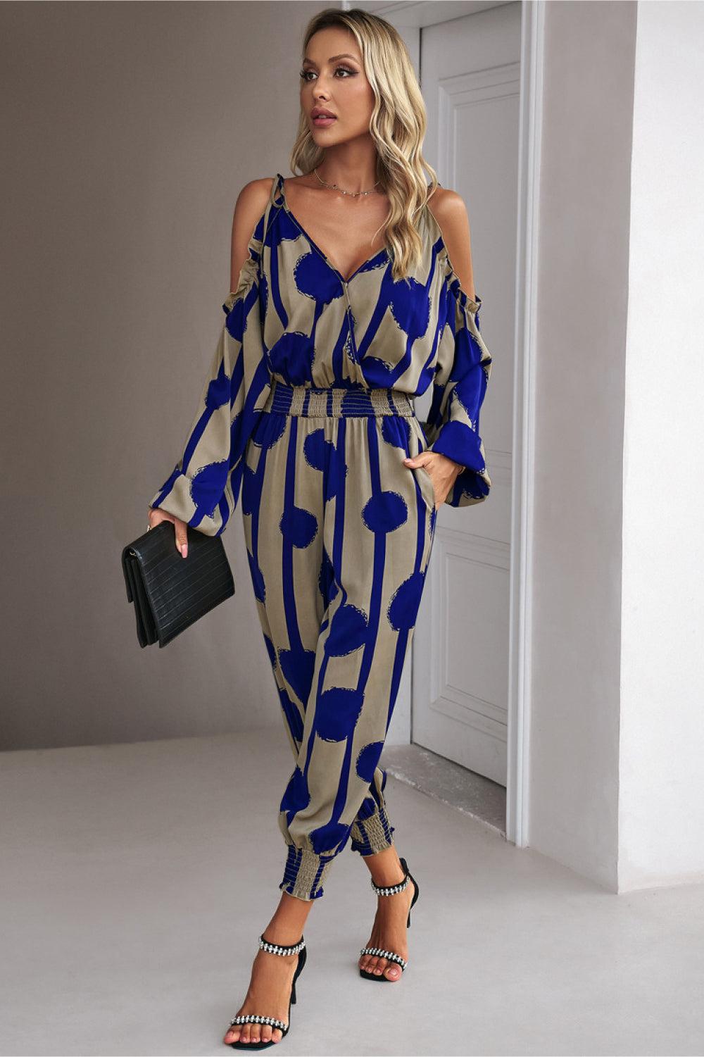 Printed Cold-Shoulder Surplice Neck Jumpsuit BLUE ZONE PLANET