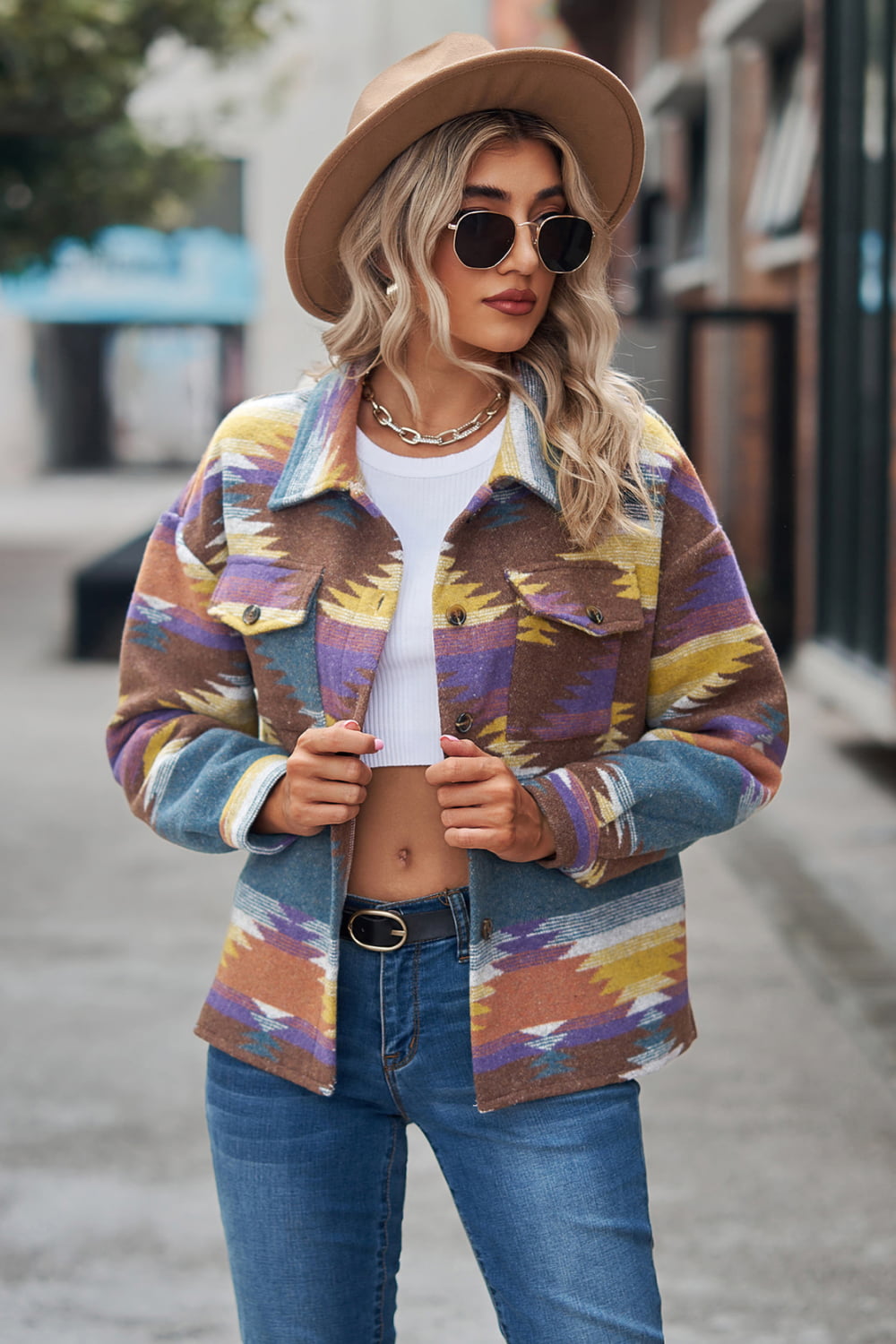 Printed Collared Neck Jacket BLUE ZONE PLANET