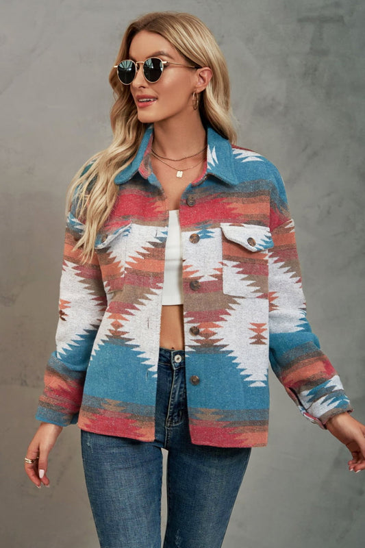 Printed Collared Neck Jacket BLUE ZONE PLANET