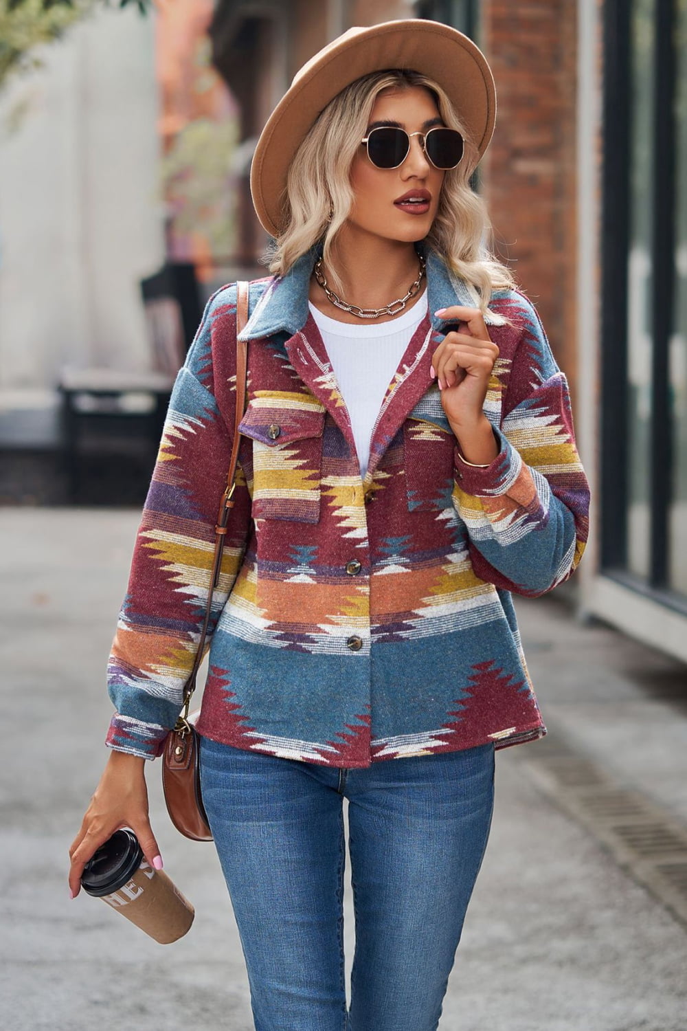 Printed Collared Neck Jacket BLUE ZONE PLANET