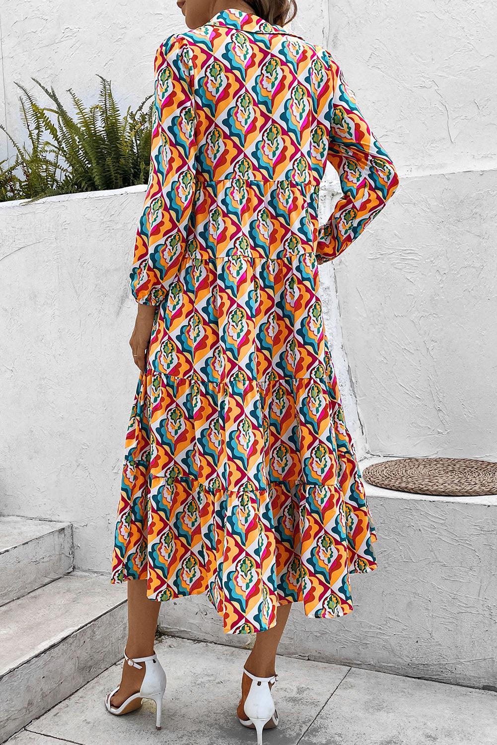 Printed Collared Neck Long Sleeve Dress BLUE ZONE PLANET