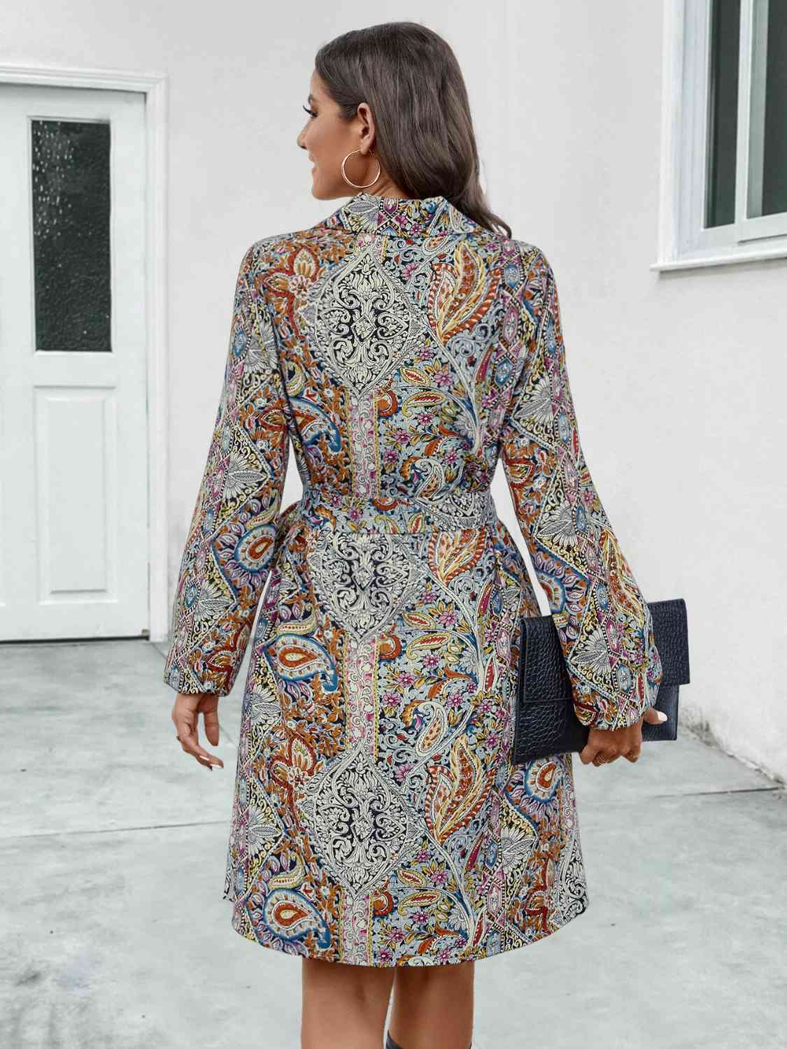 Printed Collared Neck Long Sleeve Dress BLUE ZONE PLANET