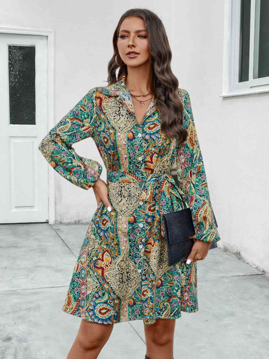 Printed Collared Neck Long Sleeve Dress BLUE ZONE PLANET