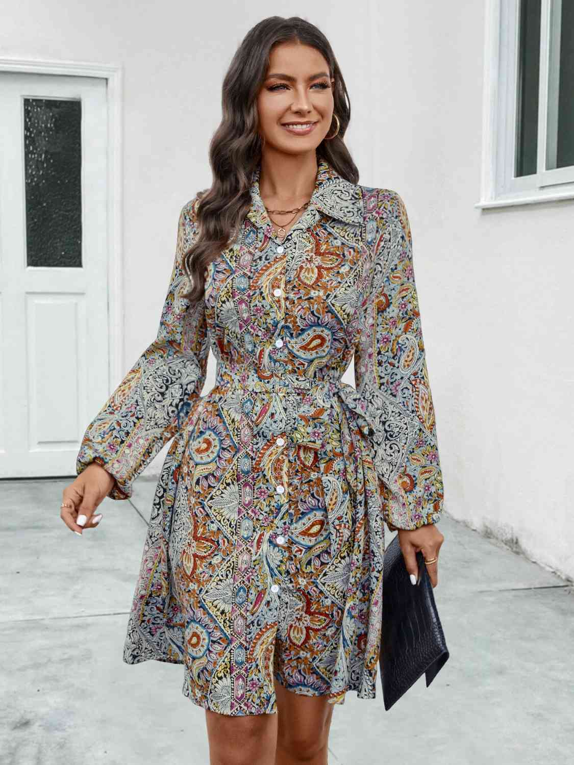 Printed Collared Neck Long Sleeve Dress BLUE ZONE PLANET