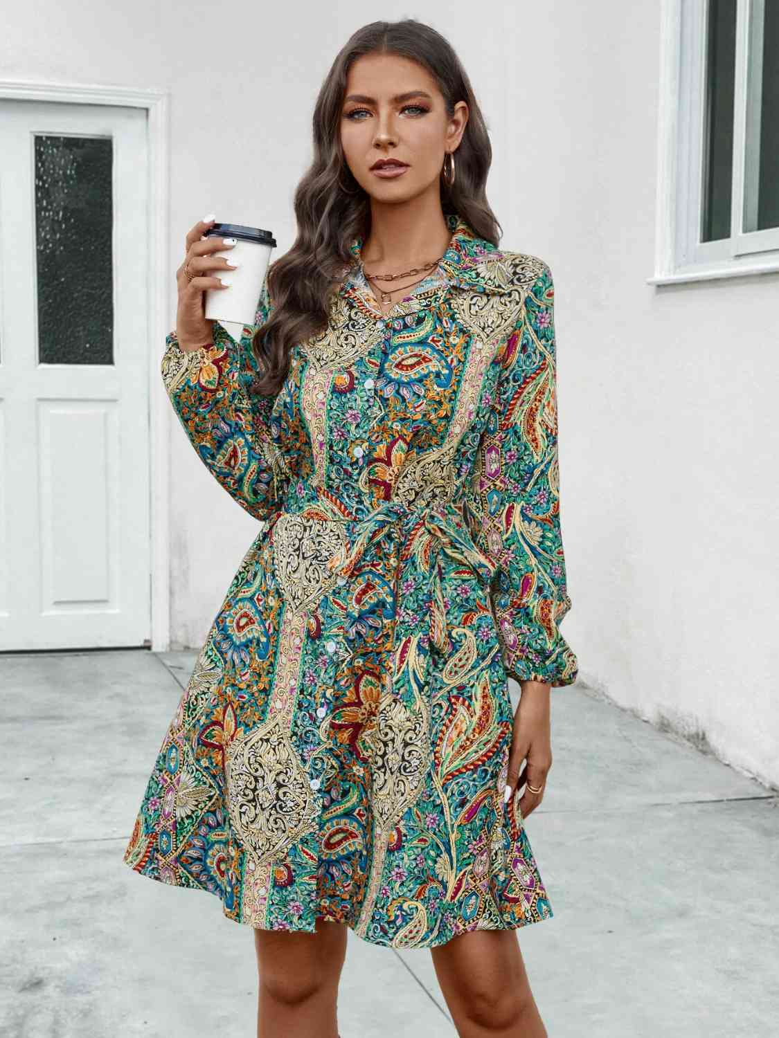 Printed Collared Neck Long Sleeve Dress BLUE ZONE PLANET