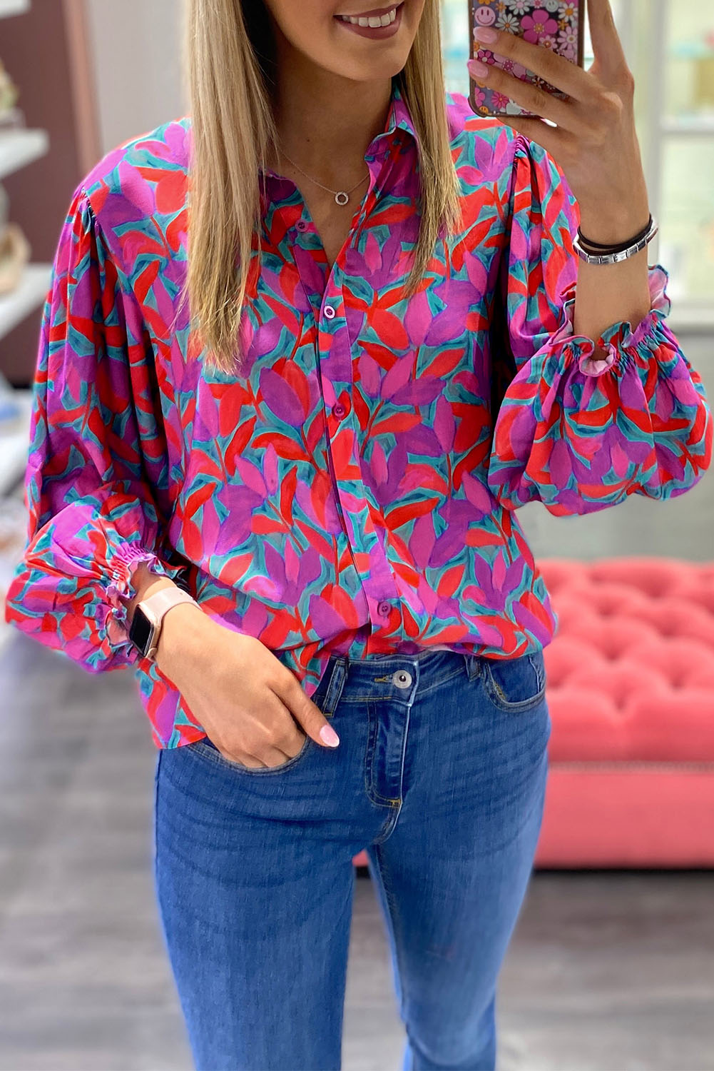 Printed Collared Neck Long Sleeve Shirt BLUE ZONE PLANET