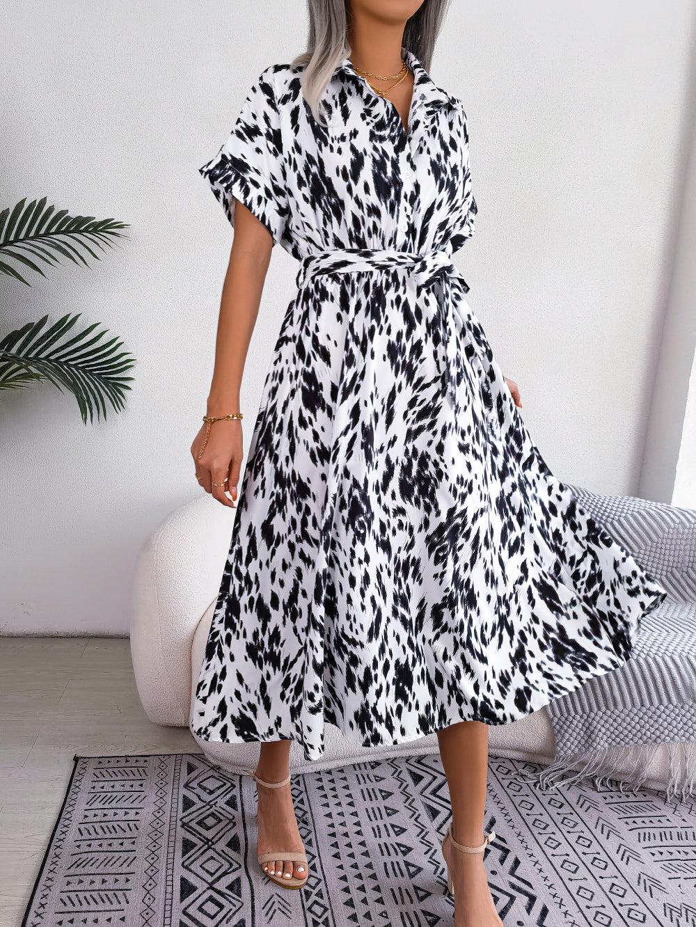 Printed Collared Neck Short Sleeve Tie Waist Dress BLUE ZONE PLANET