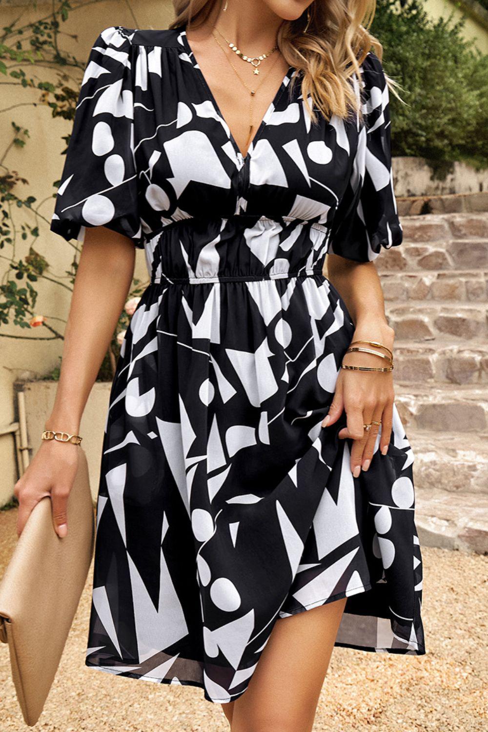 Printed Deep V Puff Sleeve Dress BLUE ZONE PLANET