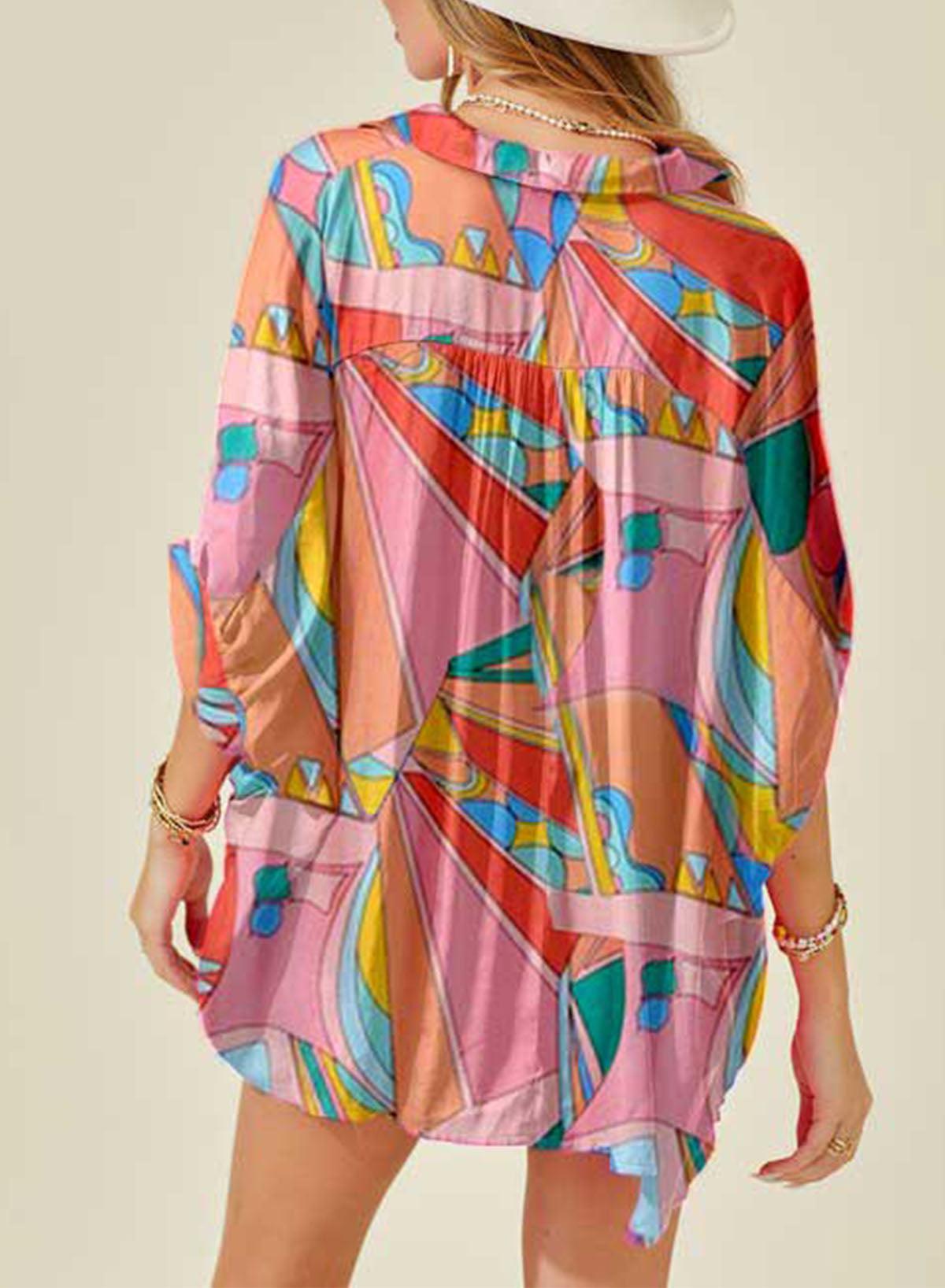 Printed Dolman Sleeve Collared Shirt BLUE ZONE PLANET