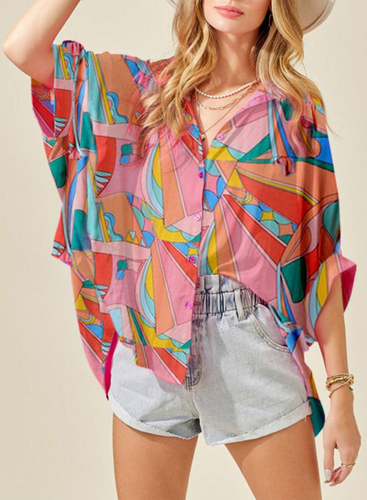 Printed Dolman Sleeve Collared Shirt BLUE ZONE PLANET