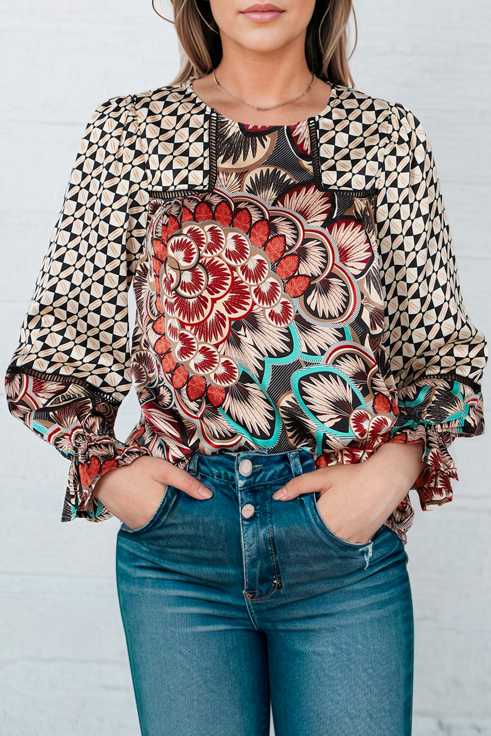 Printed Flounce Sleeve Blouse BLUE ZONE PLANET