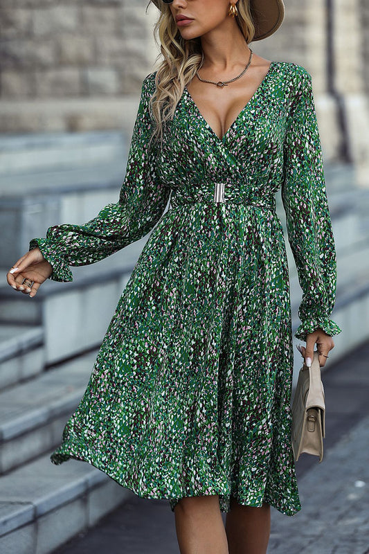 Printed Flounce Sleeve Surplice Neck Dress-TOPS / DRESSES-[Adult]-[Female]-Green-S-2022 Online Blue Zone Planet