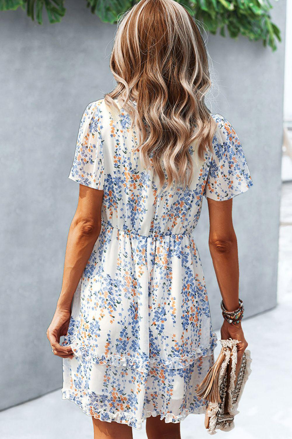 Printed Flutter Sleeve V-Neck Dress BLUE ZONE PLANET