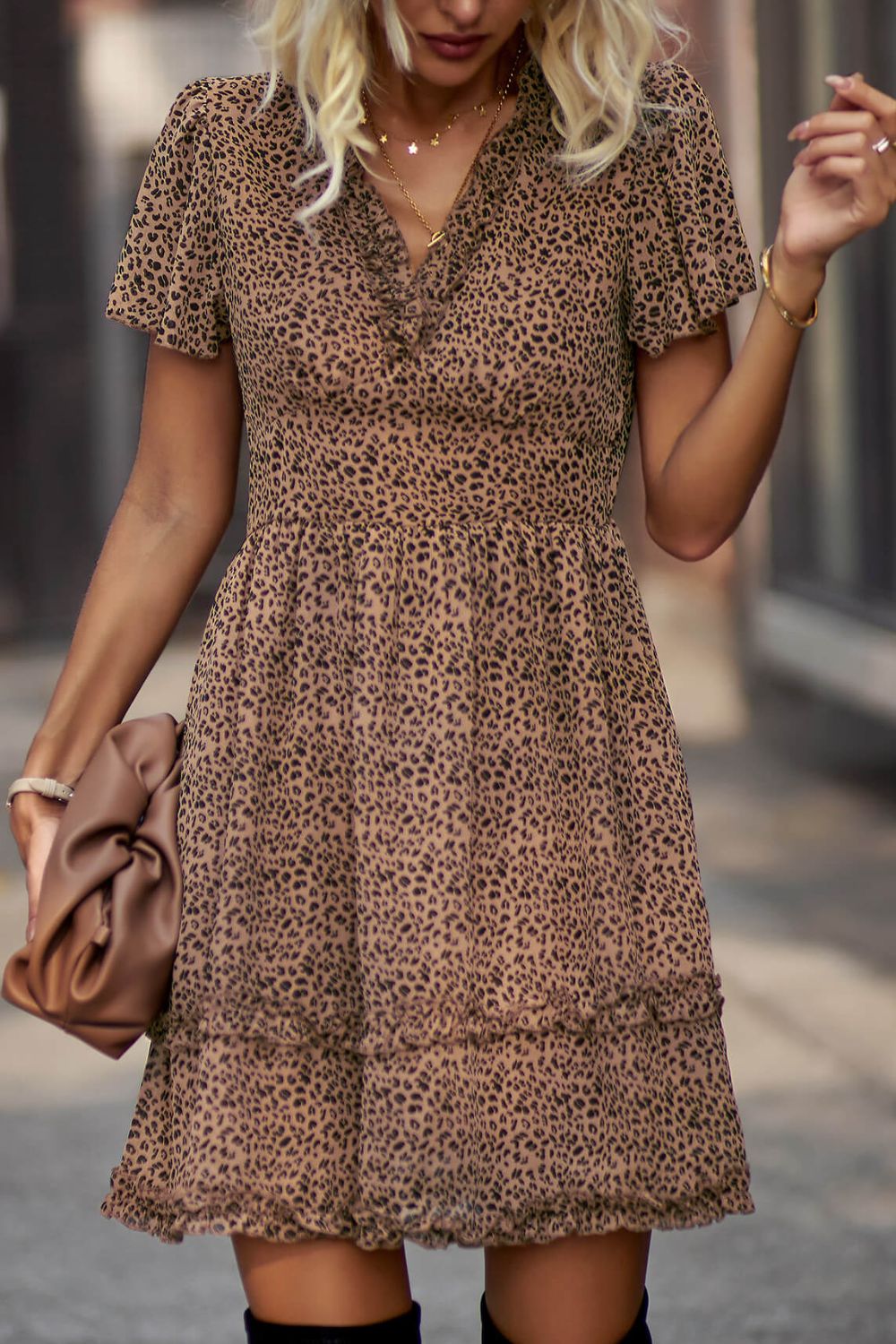 Printed Flutter Sleeve V-Neck Dress BLUE ZONE PLANET