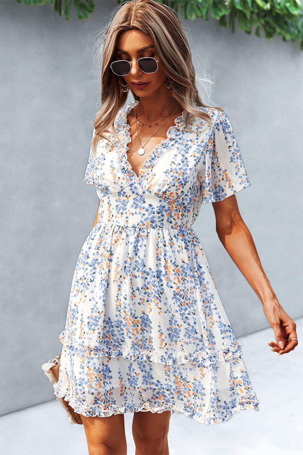 Printed Flutter Sleeve V-Neck Dress BLUE ZONE PLANET