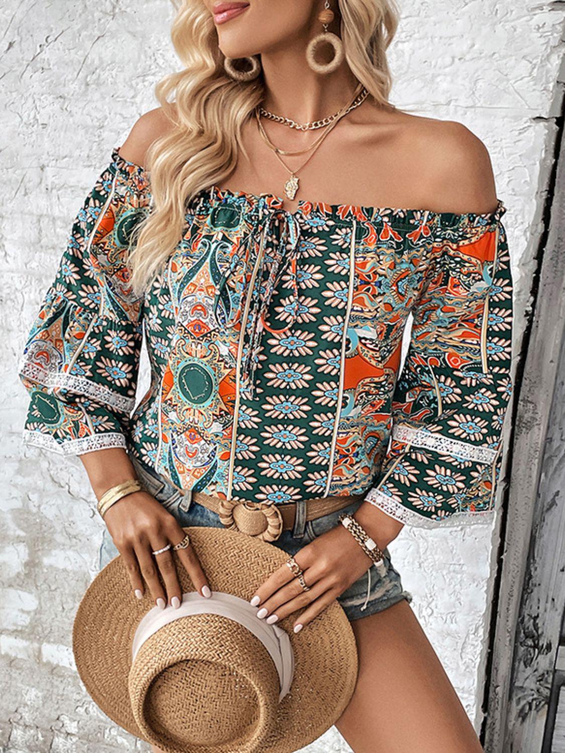 Printed Frill Trim Off-Shoulder Blouse BLUE ZONE PLANET