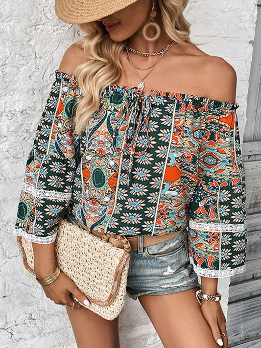 Printed Frill Trim Off-Shoulder Blouse BLUE ZONE PLANET