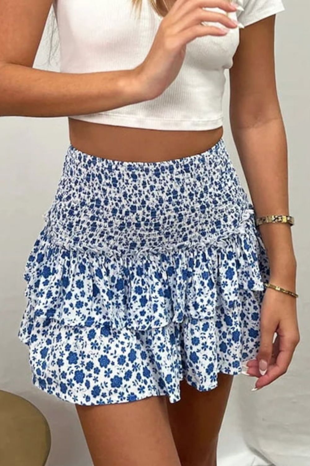 Printed Frill Trim Smocked Mini Skirt BLUE ZONE PLANET