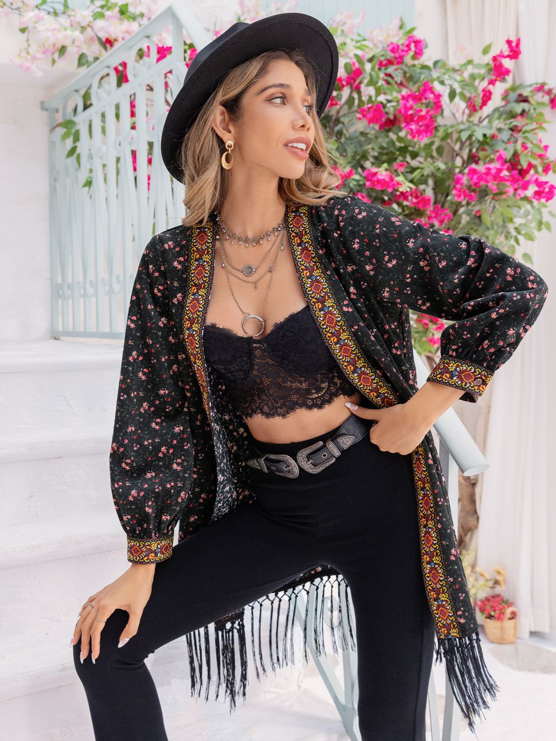 Printed Fringe Detail Cardigan BLUE ZONE PLANET