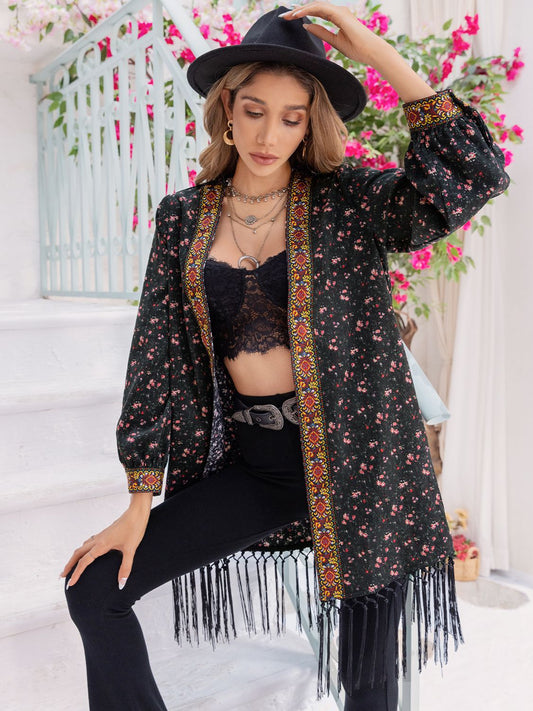 Printed Fringe Detail Cardigan BLUE ZONE PLANET