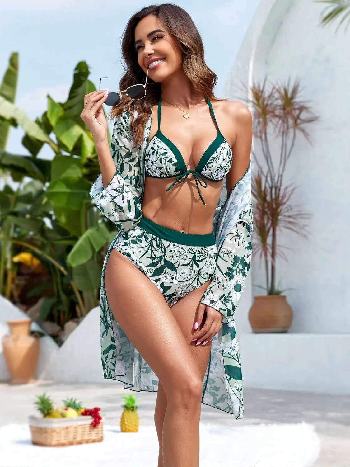 Printed Halter Neck Three-Piece Swim Set Trendsi