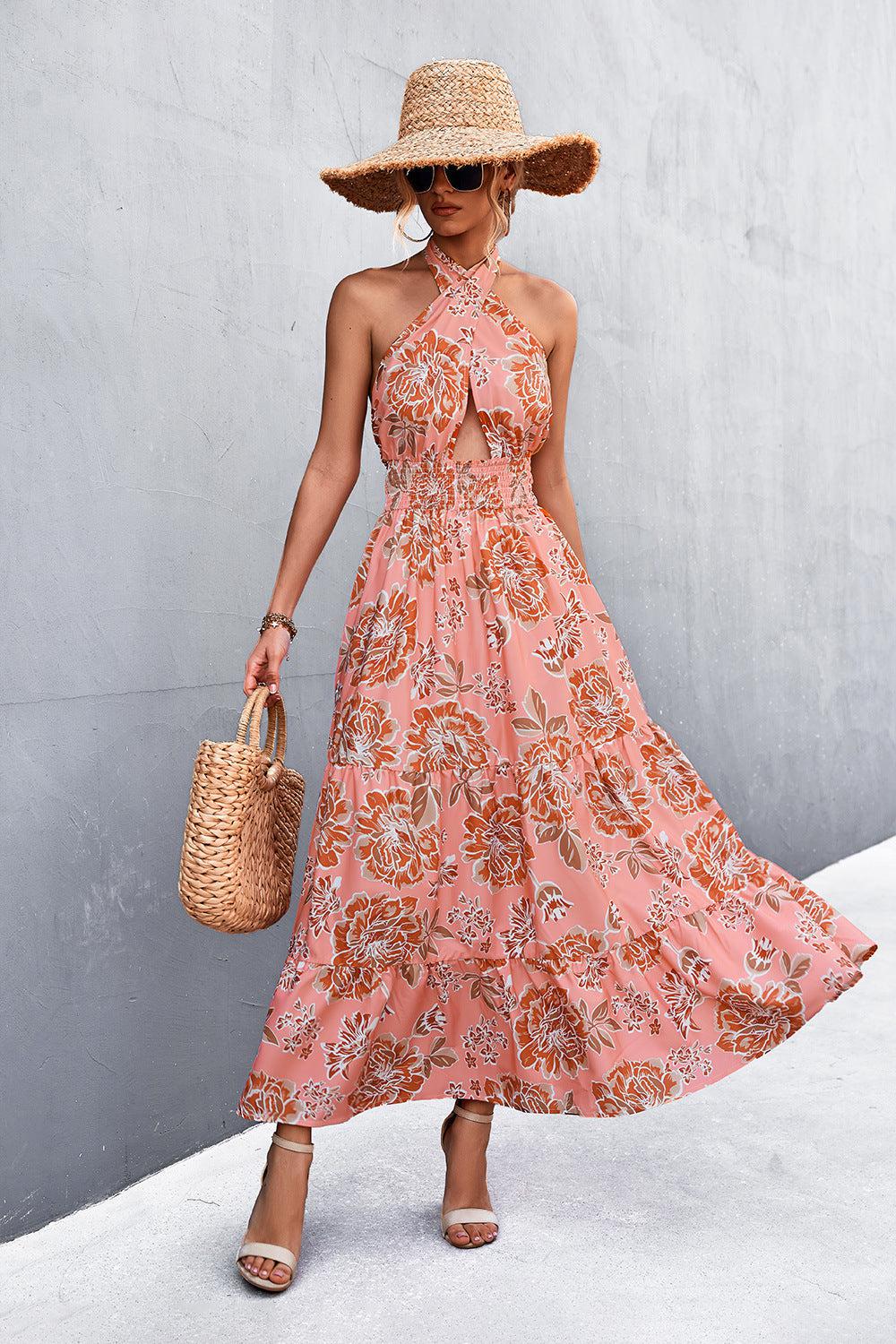 Printed Halter Neck Tiered Maxi Dress-TOPS / DRESSES-[Adult]-[Female]-Peach-M-2022 Online Blue Zone Planet