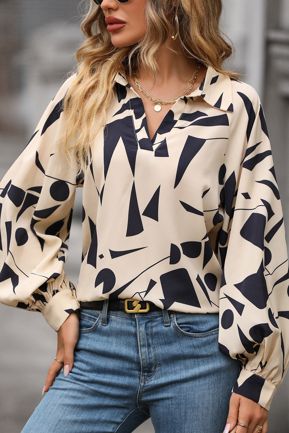 Printed Johnny Collar Blouse BLUE ZONE PLANET