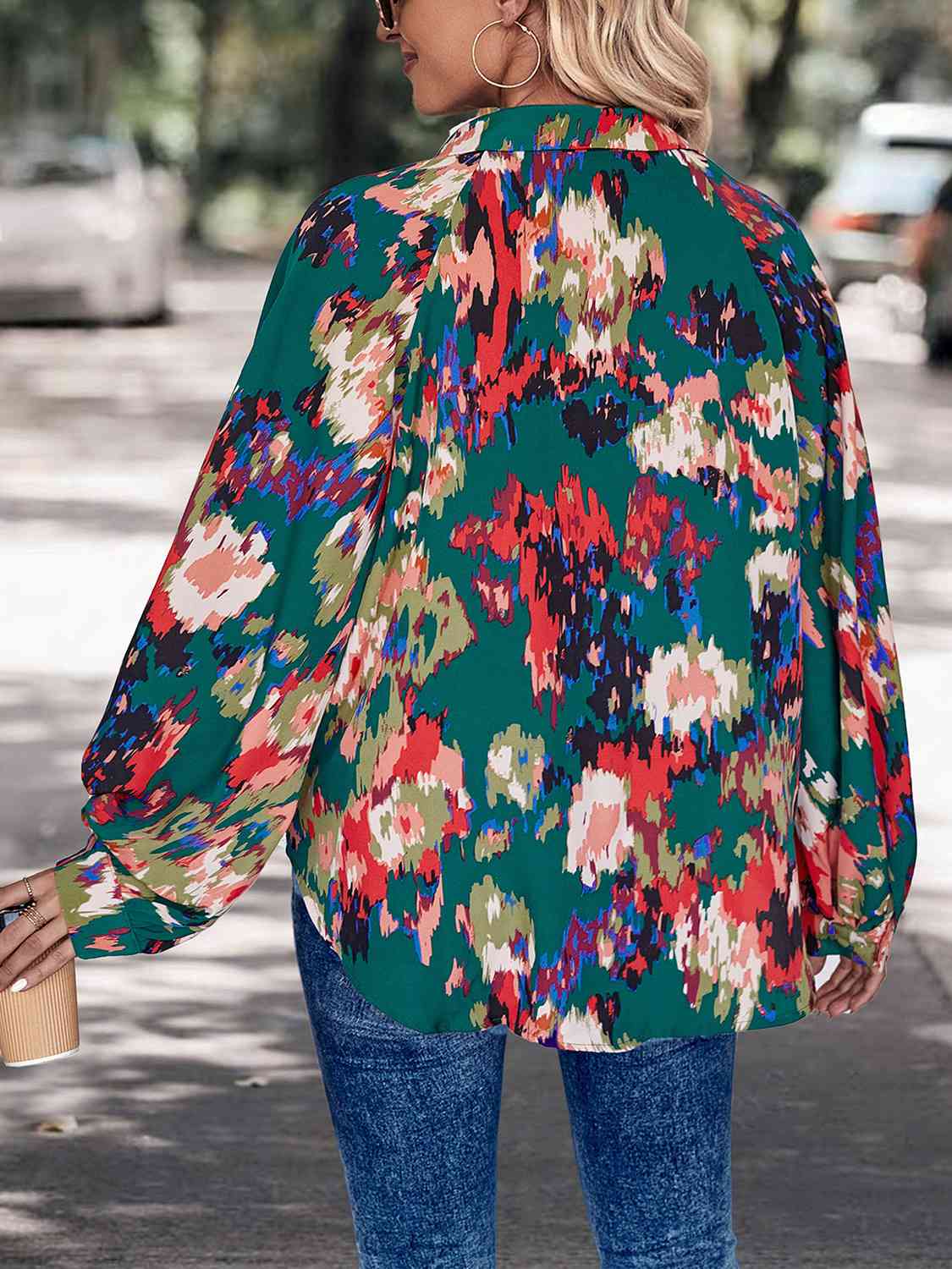 Printed Johnny Collar Long Sleeve Blouse BLUE ZONE PLANET