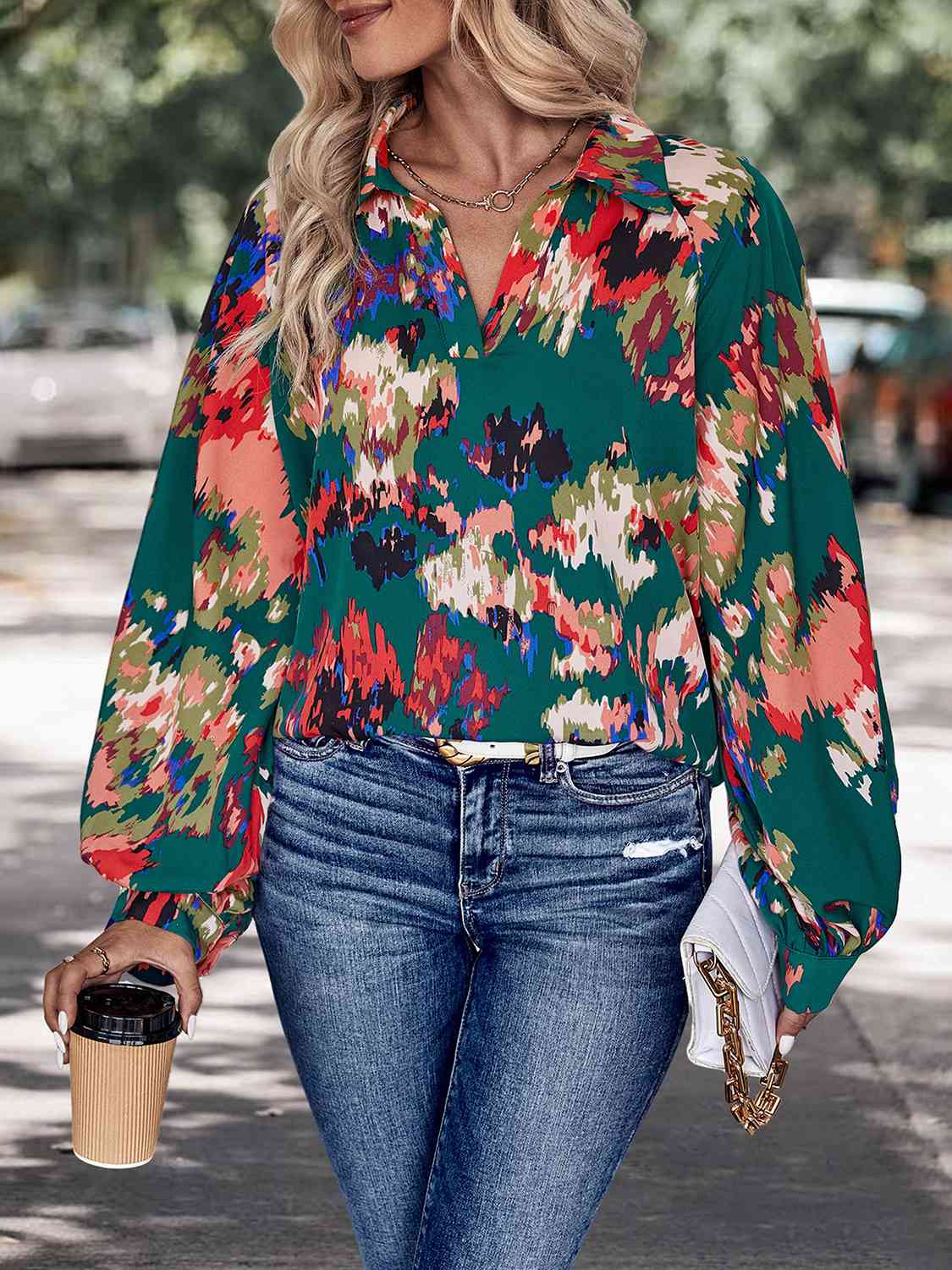 Printed Johnny Collar Long Sleeve Blouse BLUE ZONE PLANET