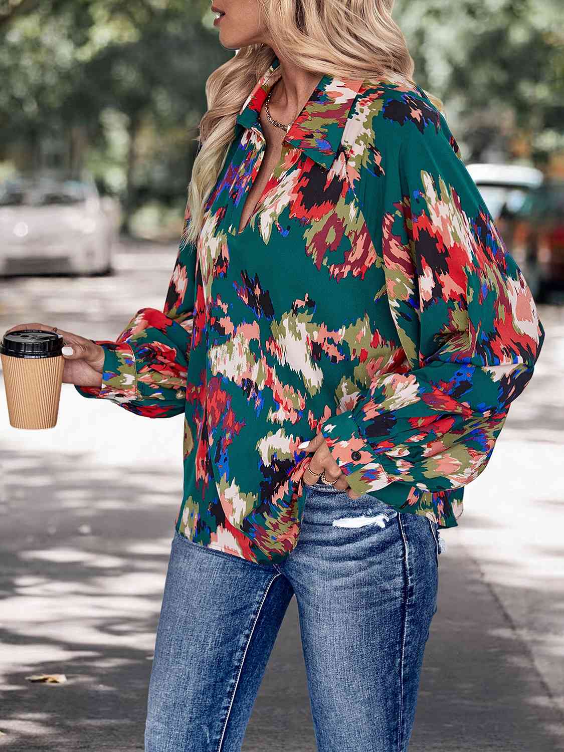 Printed Johnny Collar Long Sleeve Blouse BLUE ZONE PLANET