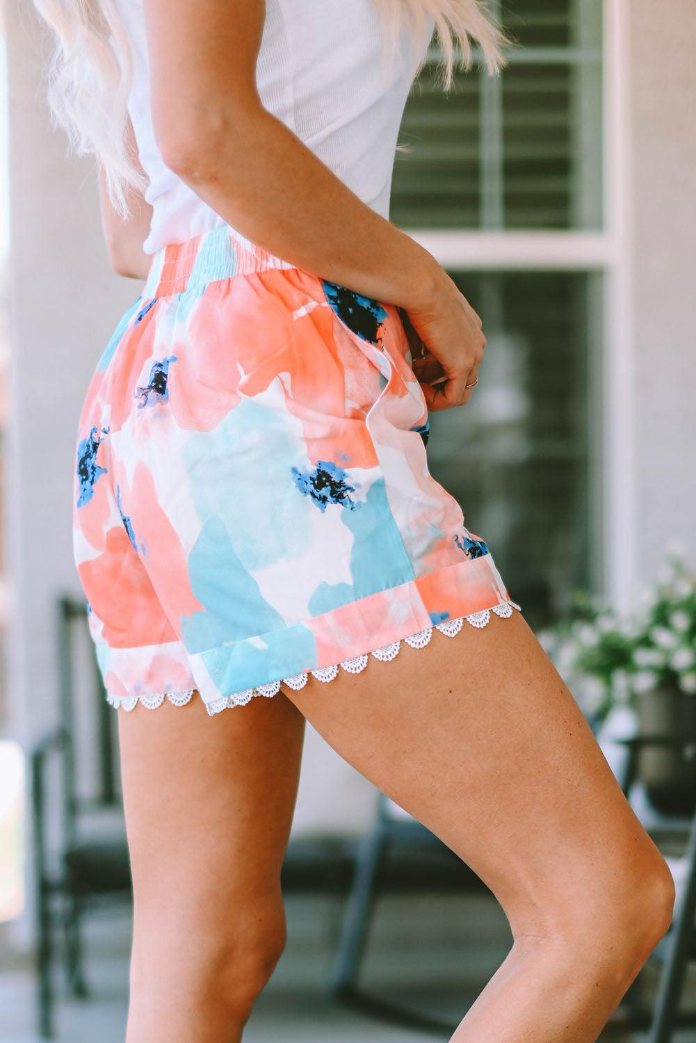 Printed Lace Trim Shorts with Pockets BLUE ZONE PLANET