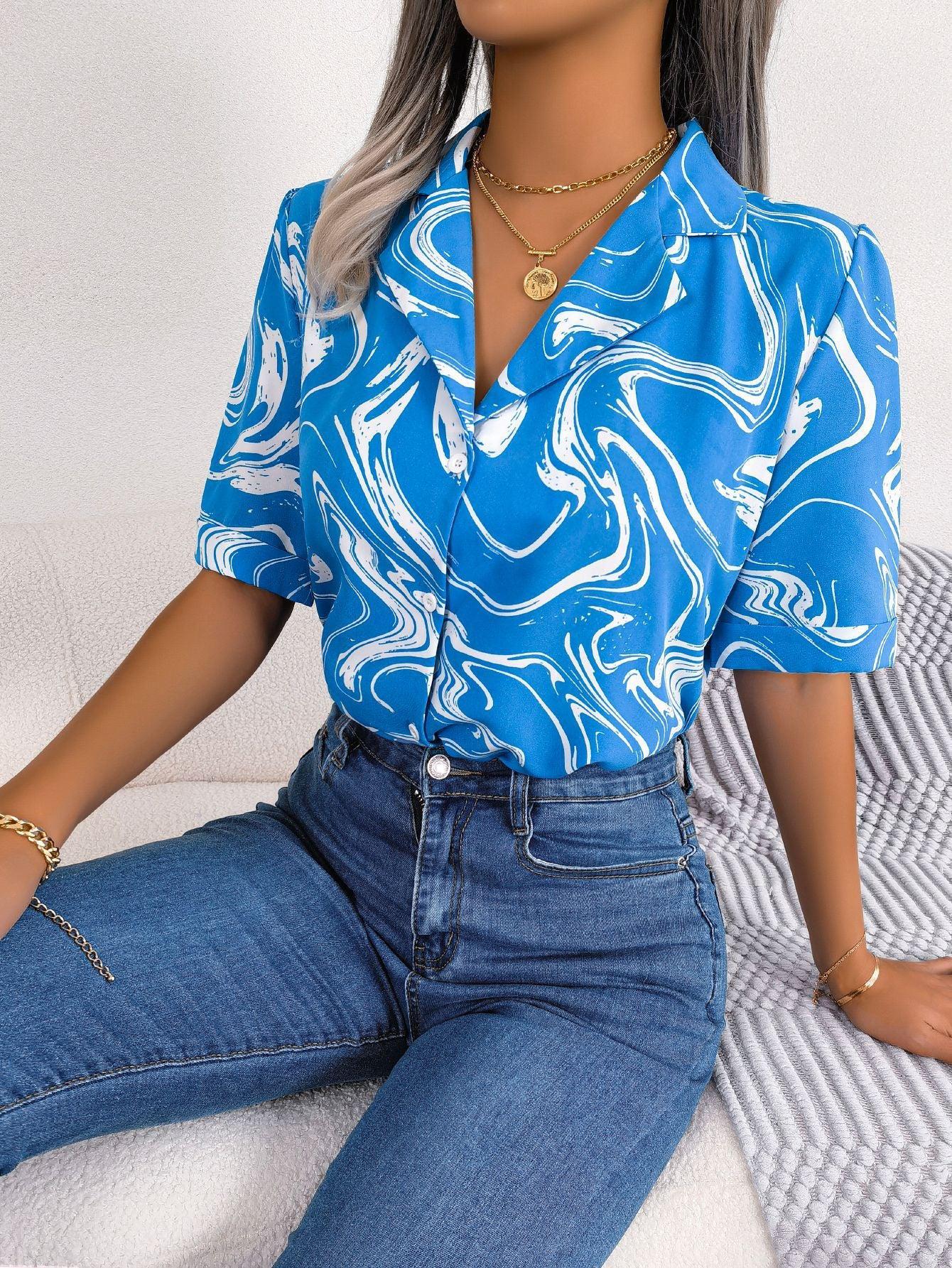 Printed Lapel Collar Shirt BLUE ZONE PLANET