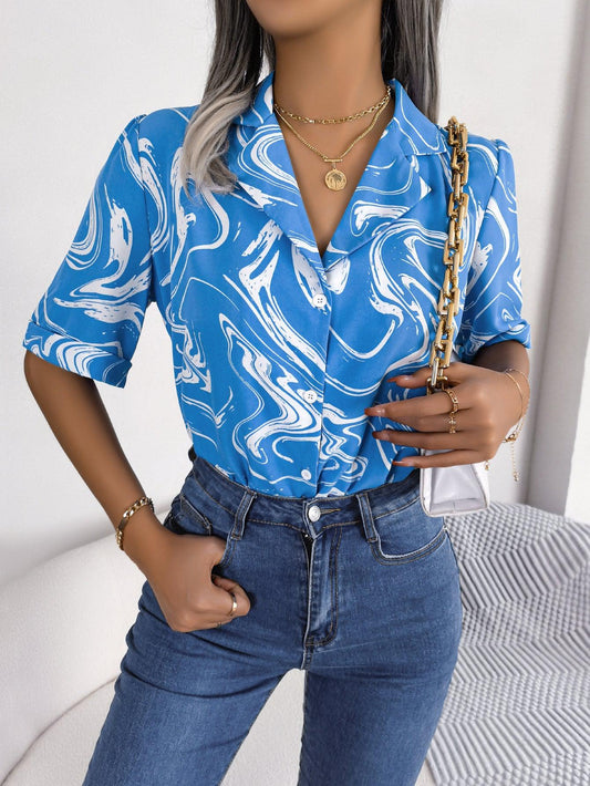 Printed Lapel Collar Shirt BLUE ZONE PLANET