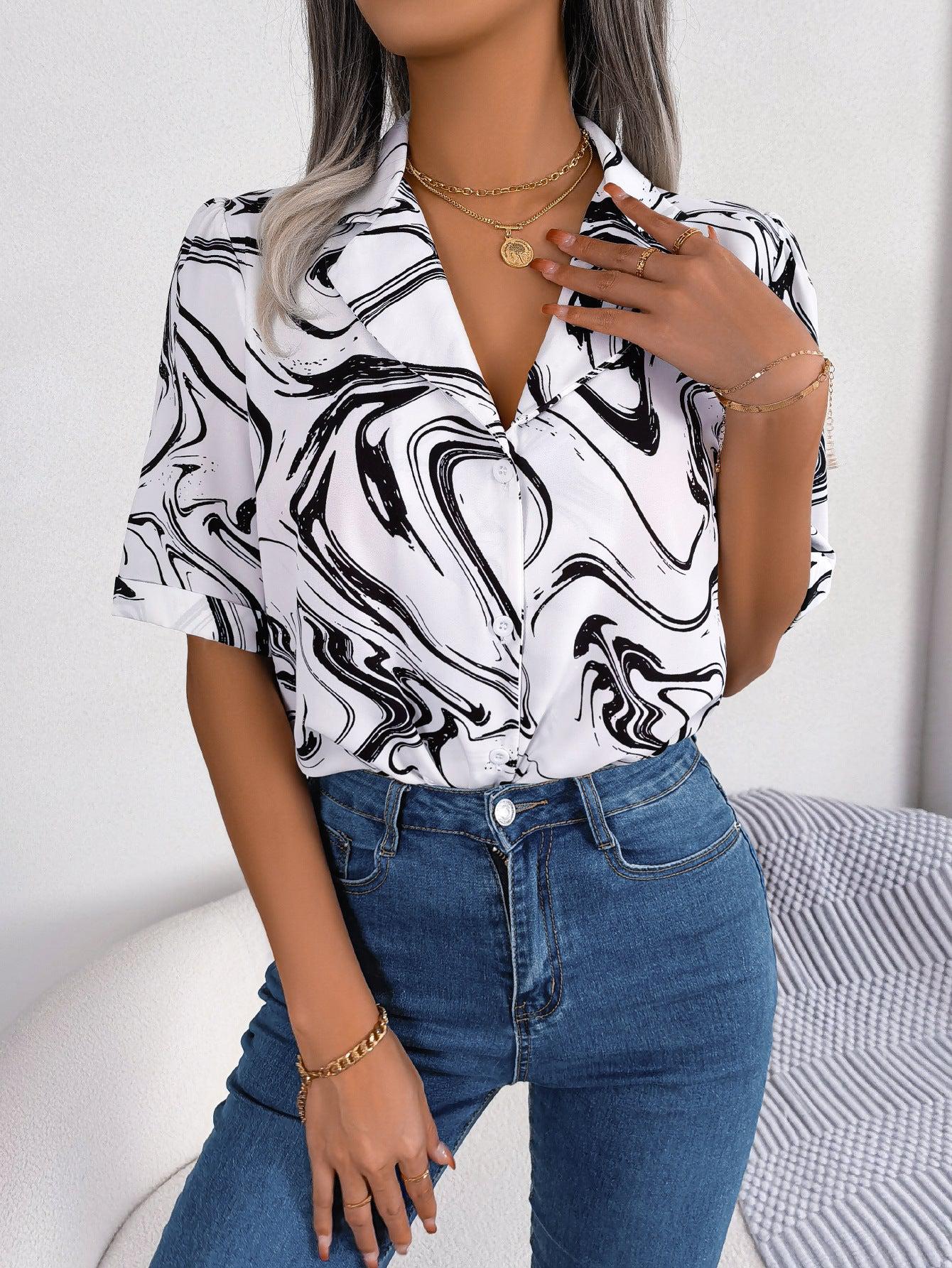 Printed Lapel Collar Shirt BLUE ZONE PLANET