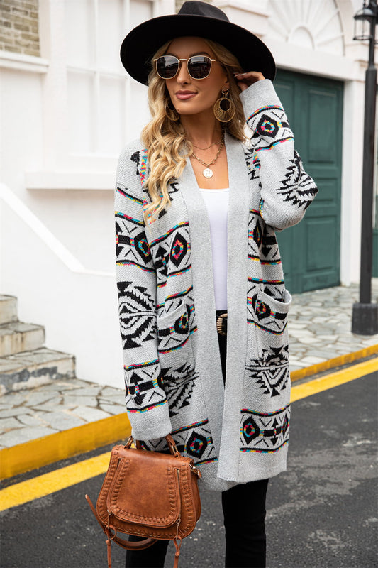 Printed Long Sleeve Cardigan with Pocket BLUE ZONE PLANET