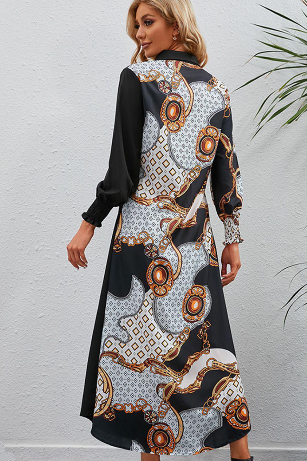 Printed Long Sleeve Collared Dress BLUE ZONE PLANET