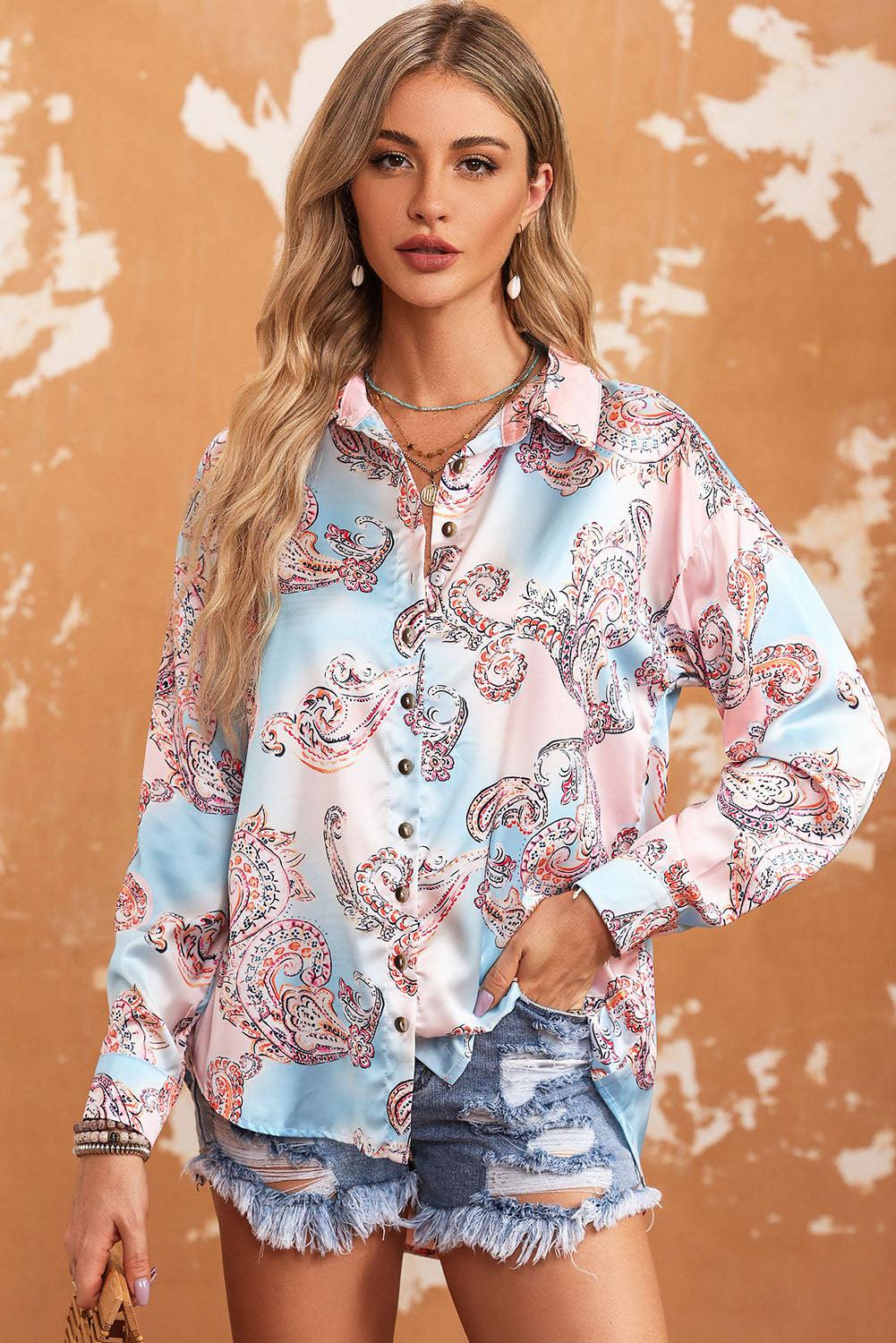 Printed Long Sleeve Collared Shirt BLUE ZONE PLANET