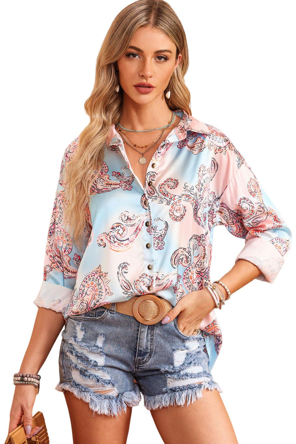 Printed Long Sleeve Collared Shirt BLUE ZONE PLANET