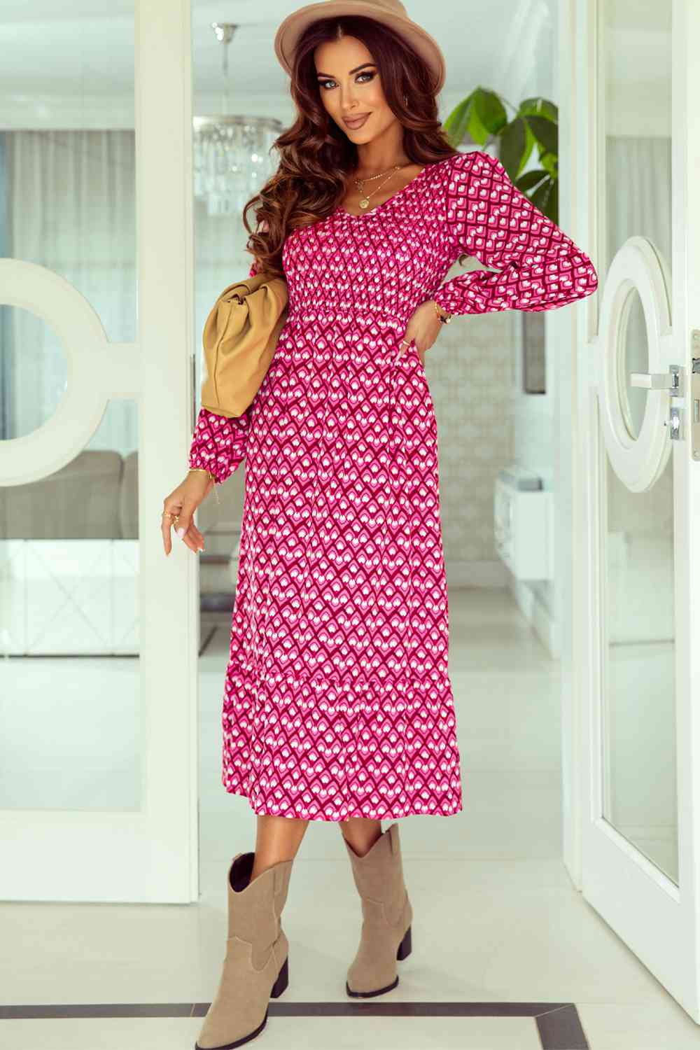 Printed Long Sleeve Midi Dress BLUE ZONE PLANET