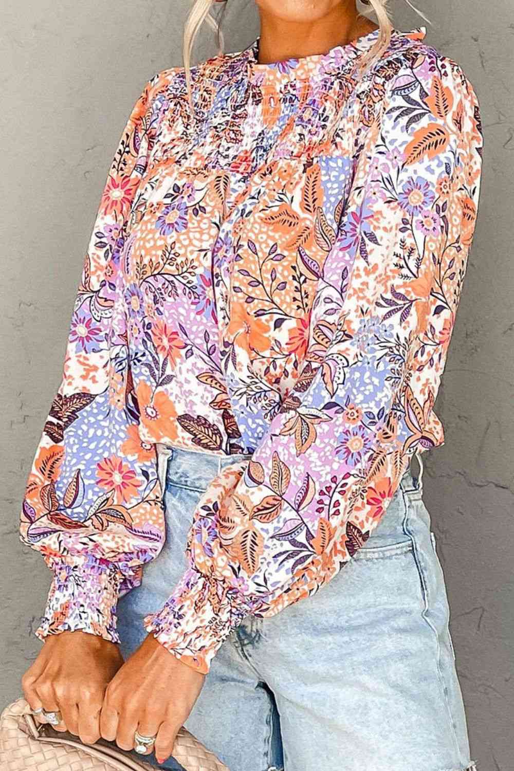 Printed Long Sleeve Round Neck Blouse BLUE ZONE PLANET