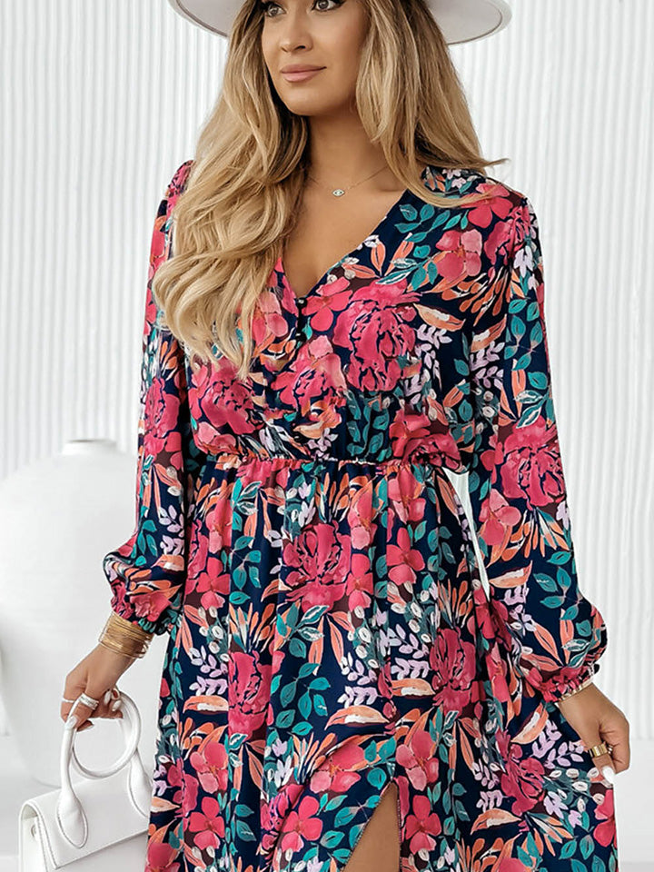 Printed Long Sleeve Slit Dress BLUE ZONE PLANET