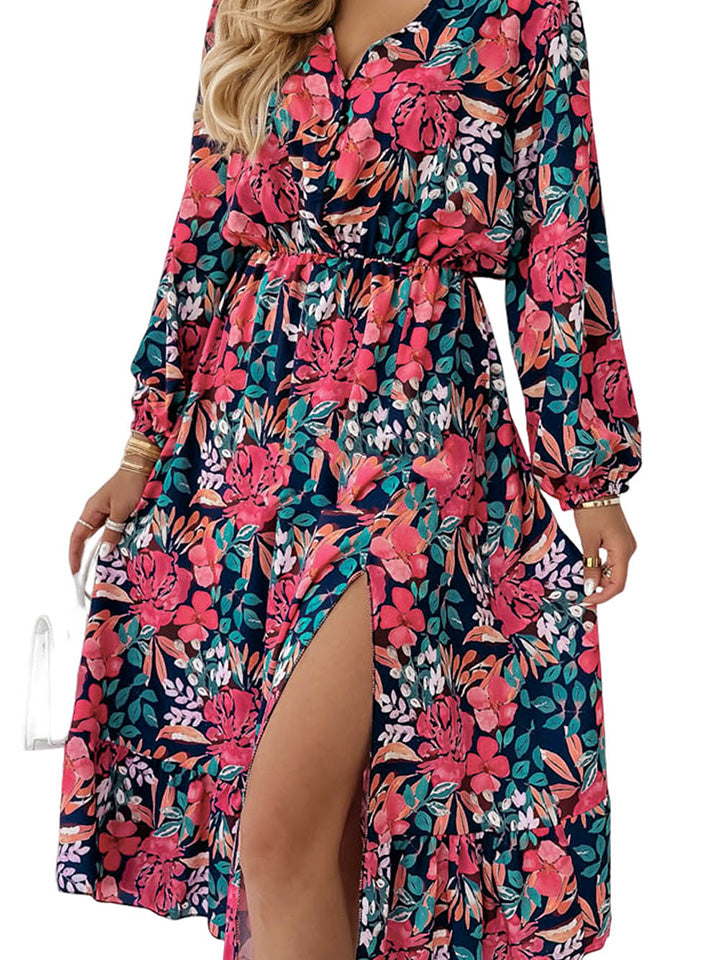 Printed Long Sleeve Slit Dress BLUE ZONE PLANET