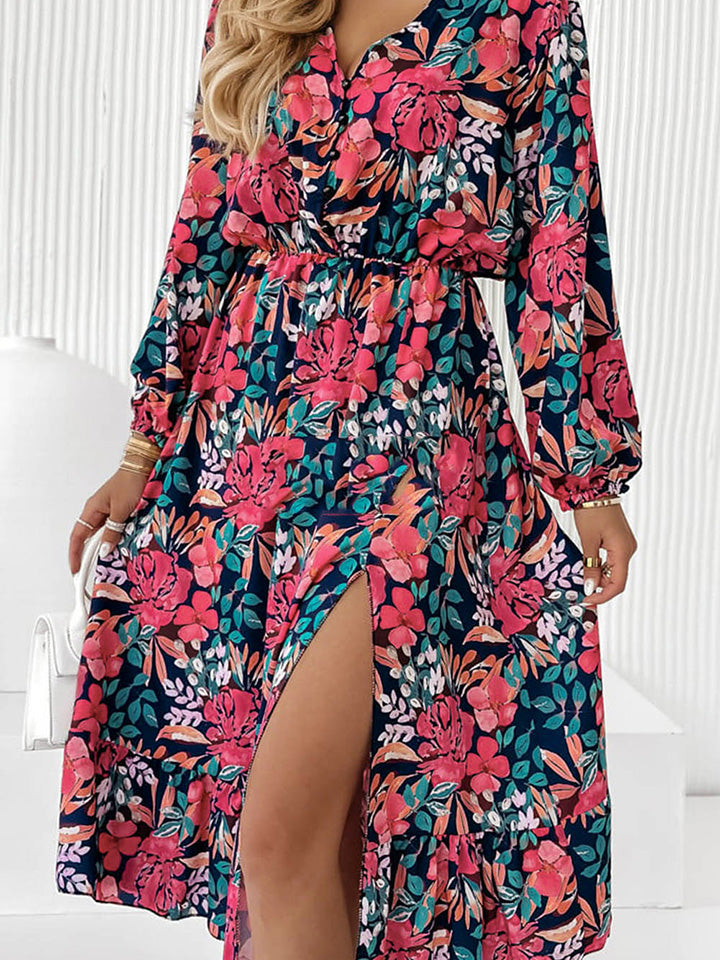 Printed Long Sleeve Slit Dress BLUE ZONE PLANET