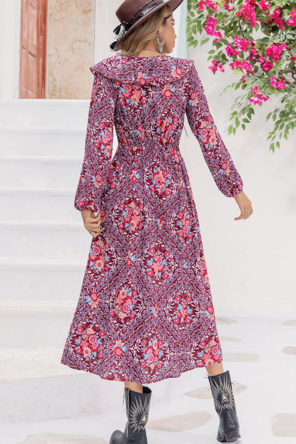 Printed Long Sleeve Slit Midi Dress BLUE ZONE PLANET