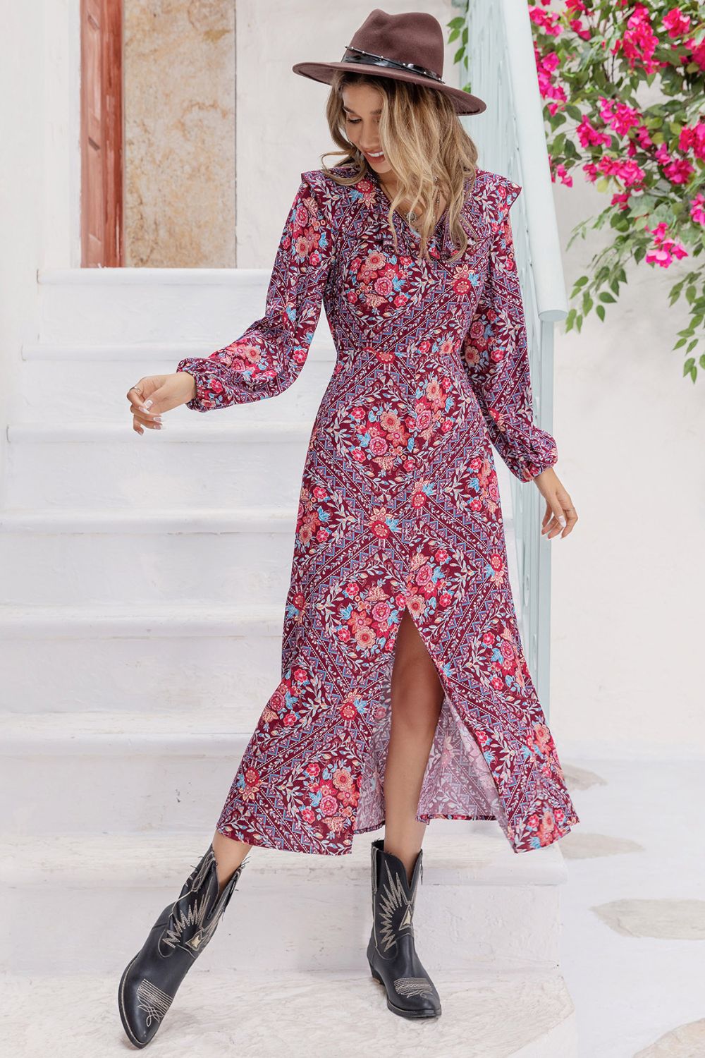 Printed Long Sleeve Slit Midi Dress BLUE ZONE PLANET