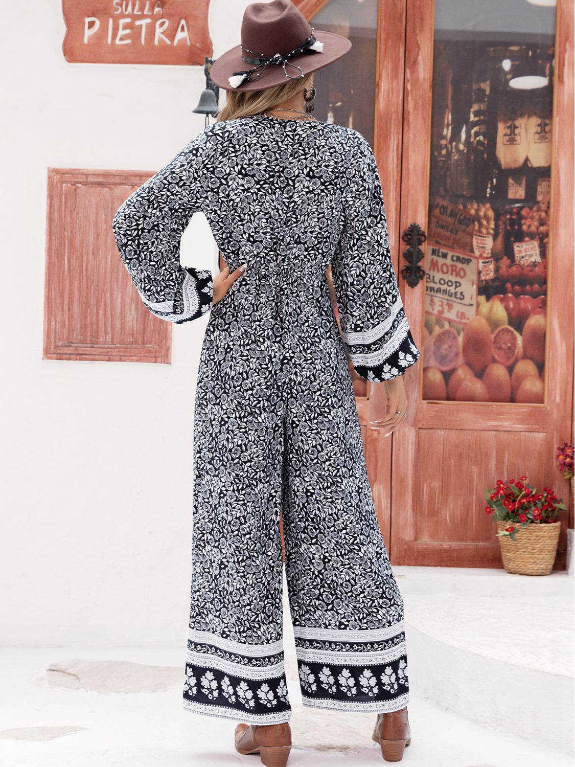 Printed Long Sleeve Wide Leg Jumpsuit BLUE ZONE PLANET